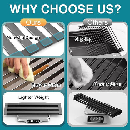 COOL-ANGLE Aluminum Roll Up Dish Drying Rack Over The Sink, 17.7" x 13.4" Rust-Proof Foldable Dish Drainer Mat, Heat Resistant Trivet & Kitchen Sink Cover, Fits Sinks up to 16.8" Wide, Matte Gray
