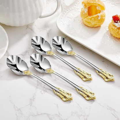 KEAWELL Premium Luxury 4-Piece 6" Tea Spoon Set, 18/10 Stainless Steel, Vintage Coffee Espresso Demitasse Spoons, Smooth Edges, Dishwasher Safe (Gold Accent)