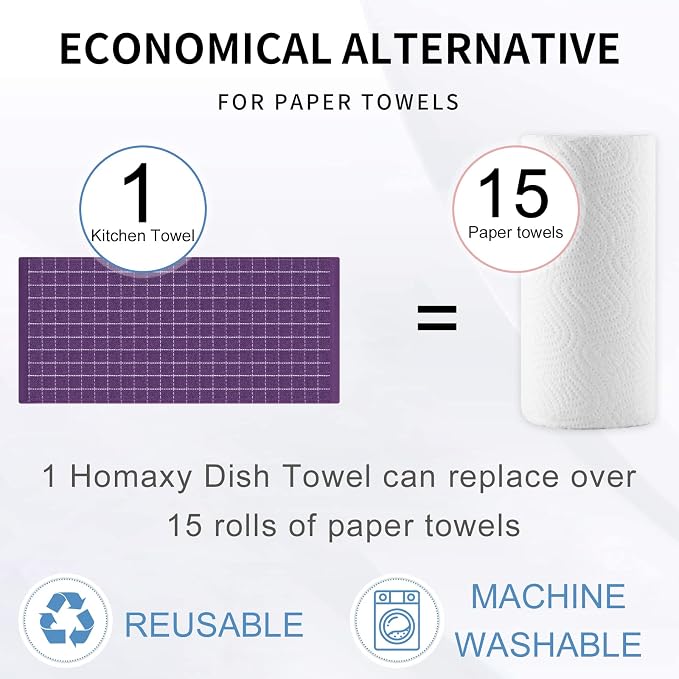 Homaxy 100% Cotton Terry Kitchen Towels(Purple, 13 x 28 inches), Checkered Designed, Soft and Super Absorbent Dish Towels, 4 Pack