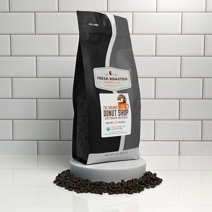 Fresh Roasted Coffee, Organic Donut Shop Whole Bean Coffee, Medium Roast, USDA Organic, Kosher, 2 lb (32 oz)