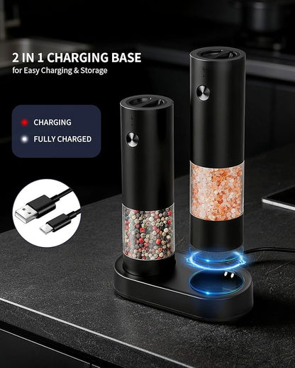 CIRCLE JOY Electric Salt and Pepper Grinder Set with Charging Base, Rechargeable Automatic Pepper Mill, Adjustable Coarseness, LED Light, 140ml Large Capacity