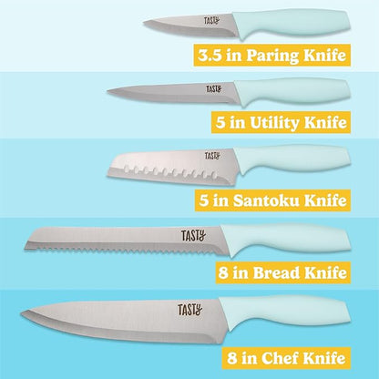 Tasty In-Drawer Kitchen Knife Set, Space-Saving Cutlery and Kitchen Organizer, Includes Chef, Bread, Santoku, Utility and Paring Knives, 6-Piece, Aqua