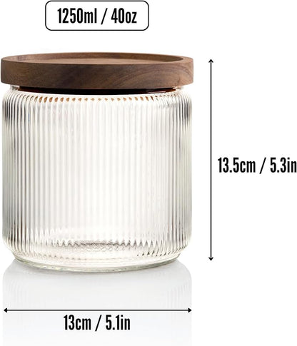 Mason & Fable Ribbed Glass Jar, Stackable & Airtight Wooden Lid- Storage Canister for Cereal, Pasta, Rice/Flour - High End Look for Kitchen, Pantry, Bar Organization - 40oz, Set of 2