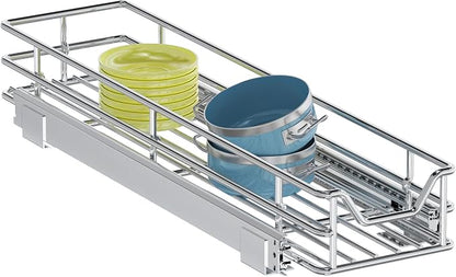 Pull Out Cabinet Organizer, 5.5" W x 21.5" D, Heavy Duty Chrome Slide Out Shelf for Narrow Base Cabinets, Sliding Wire Basket Drawer for Spices, Bottles, Snacks & Cleaning Supplies