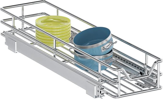 Pull Out Cabinet Organizer, 5.5" W x 21.5" D, Heavy Duty Chrome Slide Out Shelf for Narrow Base Cabinets, Sliding Wire Basket Drawer for Spices, Bottles, Snacks & Cleaning Supplies