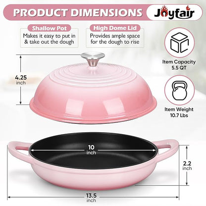Bread Dutch Oven for Sourdough Baking (5.5 QT), Joyfair Enameled Cast Iron Dutch Oven Pot with Lid, Sourdough Bread Pan with Heavy Duty Dual Handles, Non-Stick & Even Heat, Oven-safe up to 500°F, Pink