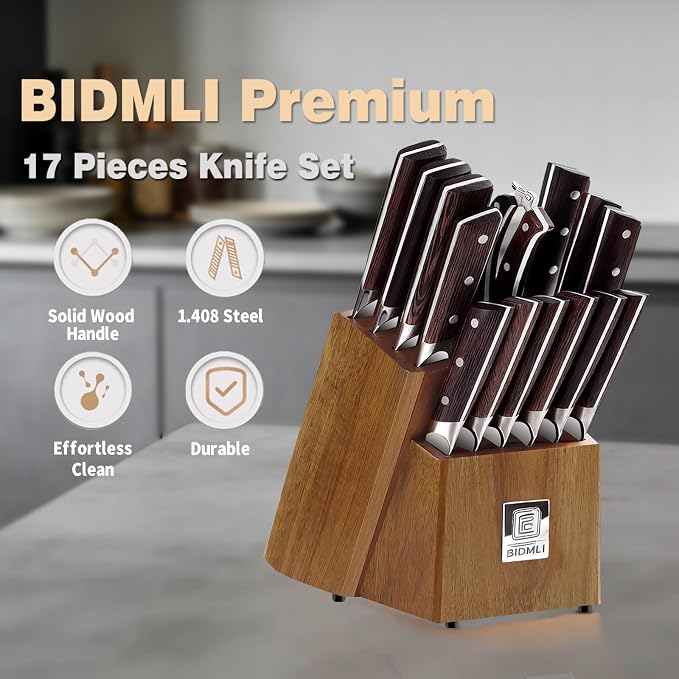 17-Pack kitchen knife set, wooden blocks,sharp high carbon stainless steel blades,hardwood handles,Sharpener,chicken bone clipper,microfiber towels,gift packaging,for families, restaurants, chefs.