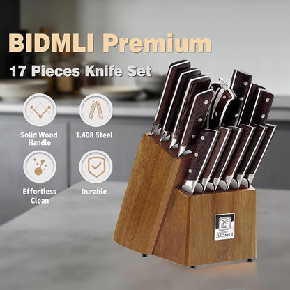 17-Pack kitchen knife set, wooden blocks,sharp high carbon stainless steel blades,hardwood handles,Sharpener,chicken bone clipper,microfiber towels,gift packaging,for families, restaurants, chefs.