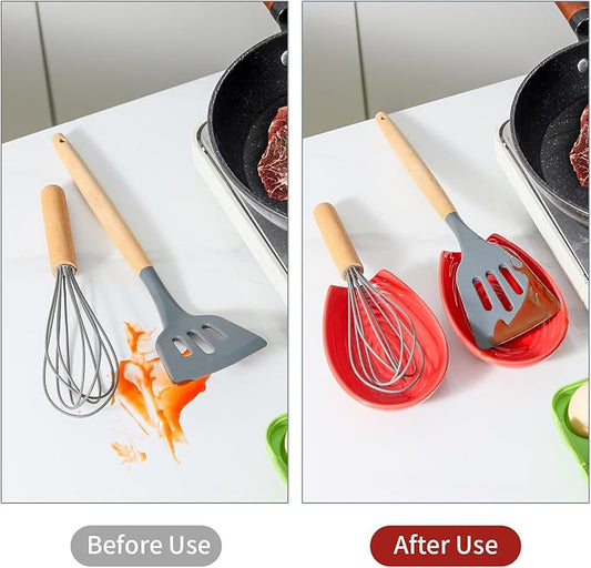Hasense Spoon Rest for Stove top, Cooking Spoon Holder for Kitchen Counter, Ceramic Utensil Rest for Ladle, Spatula and Tong, Heat-Resistant Spatula Holder Set of 2 for Countertop Father’s Day, Red
