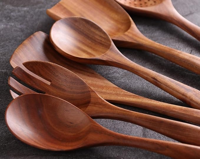 Kitchen 6Pcs Acacia Wooden Spoons for Cooking, Wooden Utensils Set | Durable, Non Toxic, Non-Stick, Smooth Finish, Easy to Clean, Comfort Grip, House Warming Gift