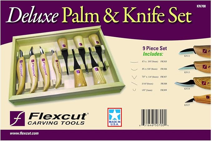 Flexcut Wood Carving Tools | Deluxe Palm & Knife Set | Includes 4 Carving Knives and 4 Palm Tools | 1095 High Carbon Steel Blades | Ash Hardwood Handles | KN700 | Made in the U.S.A.