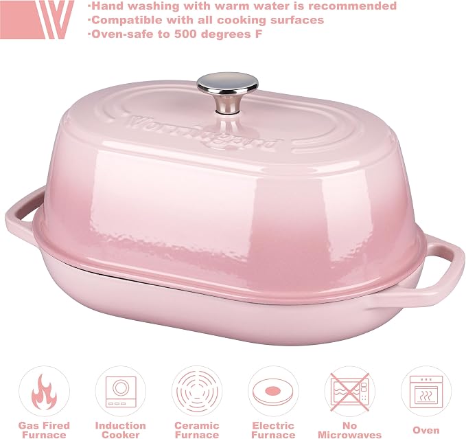 VORRINGARD Enameled Cast Iron Dutch Oven Pot with Dome Lid, Oval Bread Oven for Homemade Sourdough Bread Baking, Oven Safe up to 500°F, 6 Quart, Pink