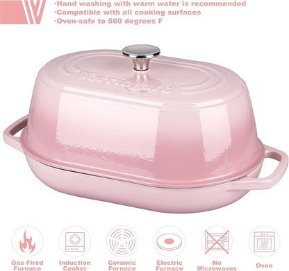 VORRINGARD Enameled Cast Iron Dutch Oven Pot with Dome Lid, Oval Bread Oven for Homemade Sourdough Bread Baking, Oven Safe up to 500°F, 6 Quart, Pink