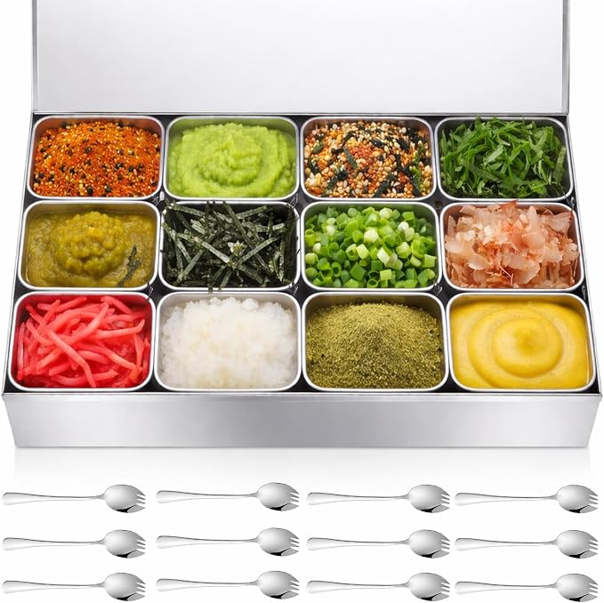 Boao 10 Compartment 304 Yakumi Pans Stainless Steel Seasoning Condiment Container with Lids Spoons, Japanese Yakumi Pans Mini Sauces Salad Dressings Storage for Food, Herbs, Spices