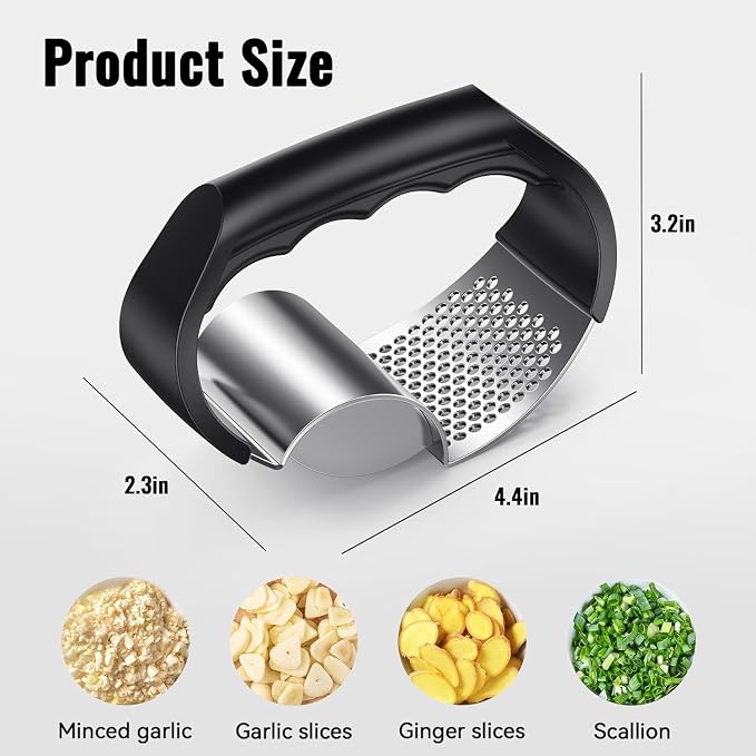 Garlic Press Rocker - NEXZEN Stainless Steel Garlic Crusher, 2-in-1 Easy Kitchen Gadget for Effortless Smashing