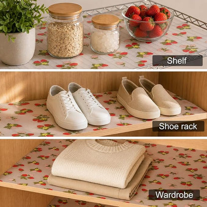 Cooyes Shelf Liner for Kitchen Cabinets Non-Adhesive, Premium Waterproof EVA Mats for Drawers, Shelves, Refrigerator, Pantry Storage, Bathroom Closet, Fridge (11.8" W x 240" L, Red Strawberry)