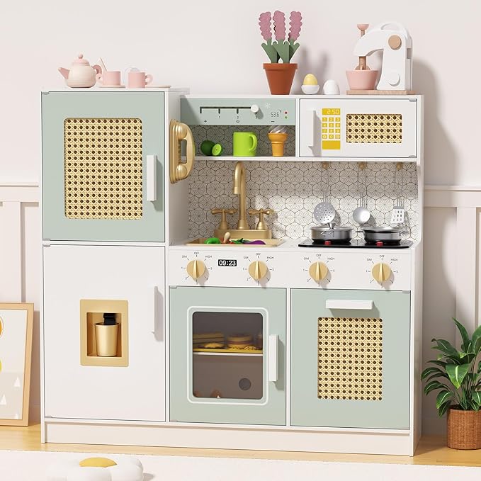 Babytronic Wooden Kitchen Playset for Kids, Pink Pretend Play Kitchen with Lights & Sounds, Retro Style Toy Kitchen for Toddlers Ages 3+, Wooden Play Kitchen Set with Realistic Design (Green)