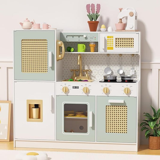 Babytronic Wooden Kitchen Playset for Kids, Pink Pretend Play Kitchen with Lights & Sounds, Retro Style Toy Kitchen for Toddlers Ages 3+, Wooden Play Kitchen Set with Realistic Design (Green)