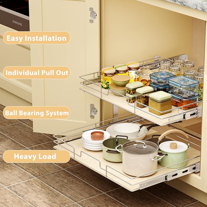 ROOMTEC 2 Tier Individual Pull Out Cabinet Organizer 22½"W x 21½"D, Slide Out Wood Shelves Organizers, Pull Out Drawers Organization and Storage for Kitchen Cabinet