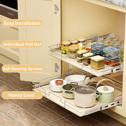 ROOMTEC 2 Tier Individual Pull Out Cabinet Organizer 25½"W x 21½"D, Slide Out Wood Shelves Organizers, Pull Out Drawers Organization and Storage for Kitchen Cabinet