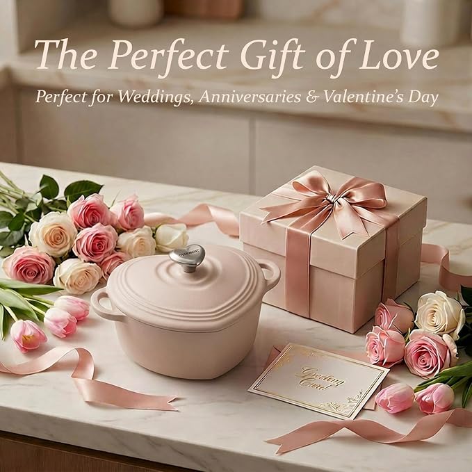 Overmont Heart-Shaped Enameled Cast Iron Dutch Oven, 2QT Pink Mini Pot with Lid for Cozy Meals, Soups & Small Batch Baking, Cute Kitchen Cookware Gift for Wedding, Housewarming & Birthday