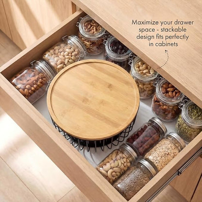 Stackable Fruit Basket for Kitchen Counter, 3-Piece Mesh Fruit Basket Set with Bamboo Lids, Large Decorative Produce & Vegetable Storage Organizer for Countertop
