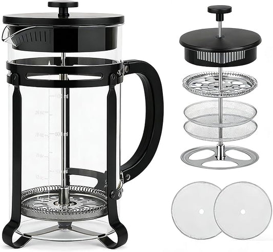 21oz French Press Coffee Maker, Thickened Borosilicate Glass & 304 Stainless Steel Double Mesh Filter. Cold Brew & Tea Brewer for Travel Camping, Kitchen Decor, Bar Accessories Gift (BLACK)