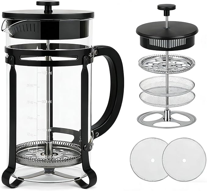 French Press Coffee Maker 34 oz, 304 Stainless Steel Double Mesh Filter, Borosilicate Glass, Heat-Resistant, BPA-Free, Ideal for Home, Office & Gift (black, 34oz)