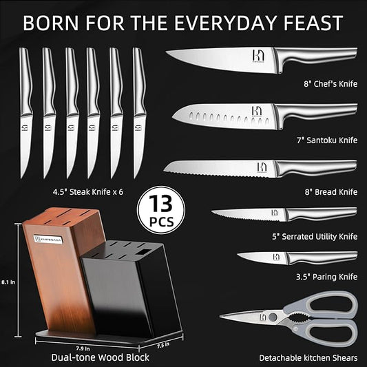 Knife Set, KnifeSaga Kitchen Knife Set with Block, 13 Pcs High-Carbon Stainless Steel Knife Block Set with Ergonomic Handles for Home & Professional Use