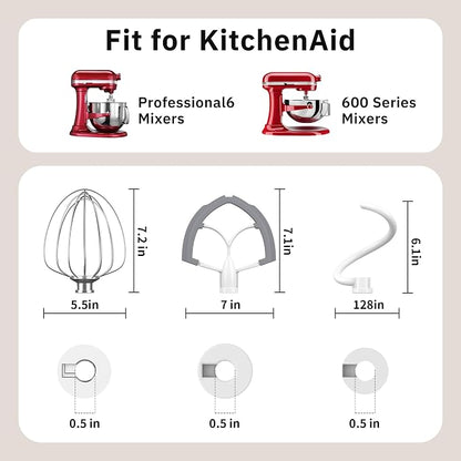 Flex Edge Beater 3Pcs for KitchenAid Mixer Attachments and Accessories Compatible with 6 Quart Lifting Stand Mixers (KN256 6-Wire Whip, 6QT Flat Beater Paddle, 6QT Dough Hook Attachment)