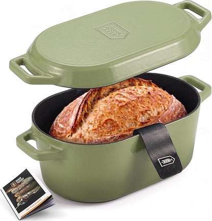 KooK Oval Loaf Shaped Cast Iron Dutch Oven for Bread Baking, 3.4 Qt Sourdough Dutch Oven with Lid, Enameled, Lid Lever, Dual Handles, Dishwasher Safe, 500°F, Sage Ombre