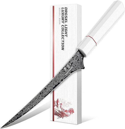 DRGSKL Damascus Fillet Knife 7 Inch - VG10 Razor Sharp Slicing Knife for Fish and Meat Trimming - Japanese G10 Handle - with Gift Box