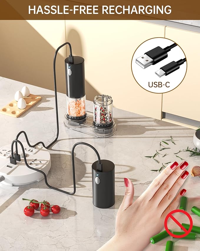 CIRCLE JOY Electric Salt and Pepper Grinder Set Rechargeable Salt and Pepper Mills with 6-Level External Adjustable Coarseness, White LED Light and Storage Base, Black