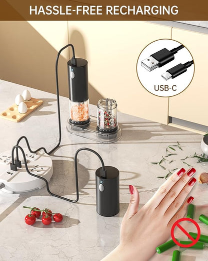 CIRCLE JOY Electric Salt and Pepper Grinder Set Rechargeable Salt and Pepper Mills with 6-Level External Adjustable Coarseness, White LED Light and Storage Base, Black