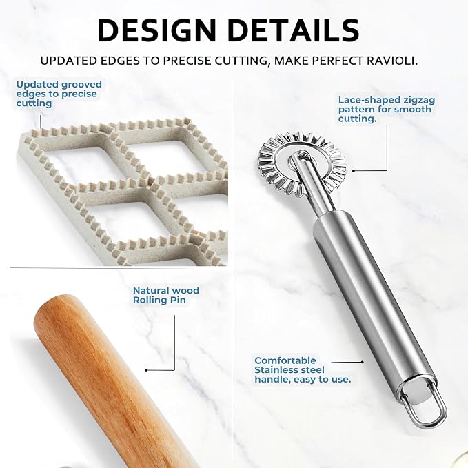 Ravioli Maker Press, Ravioli Press Mold Set - Squares Ravioli Stamp Maker Cutter with Wood Rolling Pin and Ravioli Wheel, Ravioli Stamp Pasta Making Tools | Makes 8 Ravioli, 1.85"