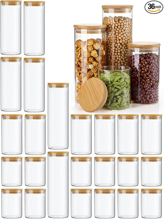 Qinyoung Glass Storage Jars with Wooden Lids, 4 Sizes Food Storage Containers Clear Stackable Canisters Airtight Glass Jars for Candy Cookie (Clear, Light Brown, 15oz 25oz 34oz 42oz, 36 Pcs)