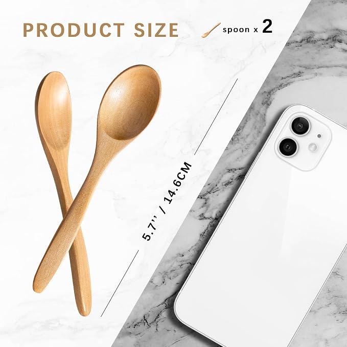 2 PCS Small Wooden Spoons, 5.8 Inch Honey Spoons for Tea, Schima Wooden Honey Teaspoon for Coffee, Little Tiny Wood Spoons, Bamboo Table Spoon for stirring, Wooden Spoons for Utensils Set