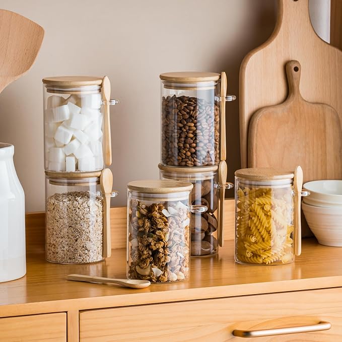 6 Pack 16oz Glass Jars with Bamboo Lids and Spoon,Overnight Oats Container,Round Glass Containers for Food,Oatmeal,Yogurt,Snack,Spice,Meal prep,Chia seed pudding and Salad Jar