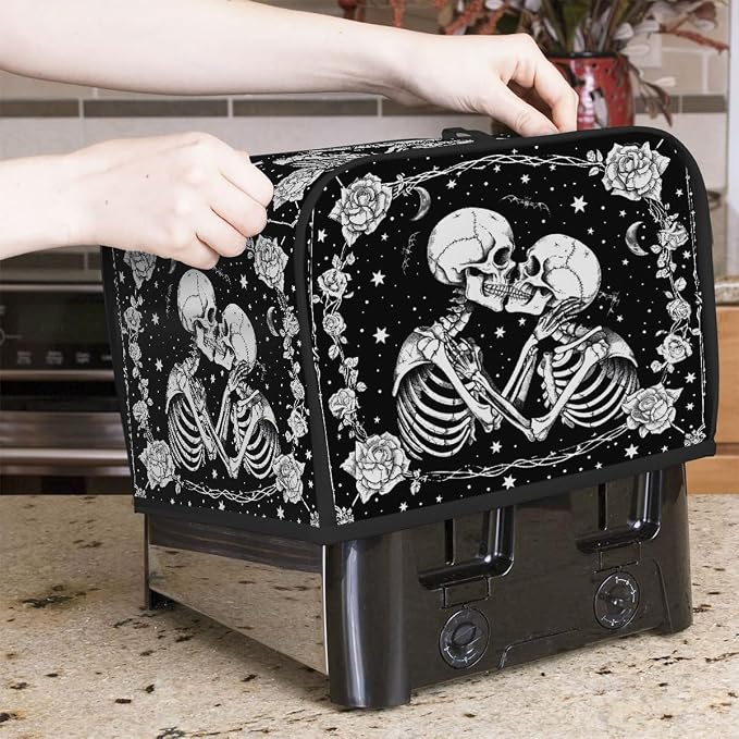 4 Slice Black Romantic Skull Toaster Cover Waterproof Dust Fingerprint Bread Machine Cover Washable Kitchen Appliance Protector For Home Kitchen Bakeware Table Decor Women Gifts