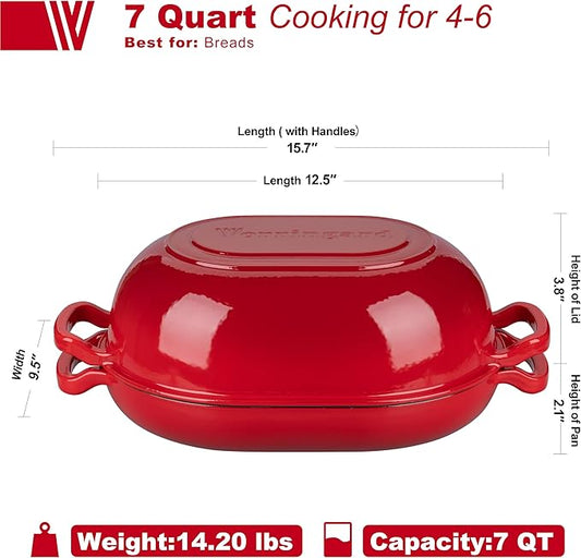 VORRINGARD Enameled Cast Iron Sourdough Bread Oven, Dutch Oven, Loaf Cast Iron Bread Pan for Homemade Bread Baking, Meatloaf Pan with Lid, 7QT, Red