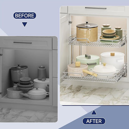 2-Tier Pull Out Cabinet Organizer, 25.5" W x 21.5" D, Heavy Duty Dual Slide Out Shelves for Wide Base Cabinets, Chrome Wire Basket Drawer for Pots, Pans, Pantry & Cleaning Supplies
