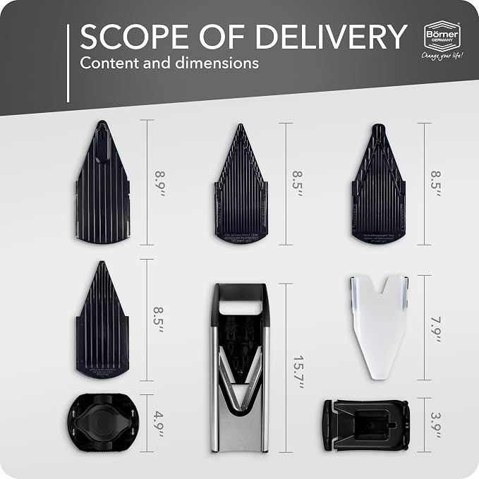 Börner by Reston Lloyd Mandoline Slicer V6 (Professional Set) • Stainless Steel Slicer with V-Blade • Adjustable Kitchen Slicer for Vegetables & Fruits • Various Thicknesses & Grater