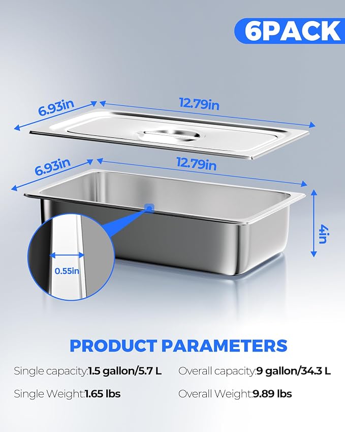 WantJoin Steam Table Hotel Pans with Lid 1/3 Third Size 4 Inch Deep 6 Pack, Stainless Steel Metal Food Storage Container Tray Sets, Restaurant Chafing Dishes Commercial Buffet Catering Supplies