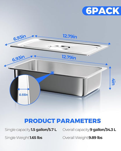 WantJoin Steam Table Hotel Pans with Lid 1/3 Third Size 4 Inch Deep 6 Pack, Stainless Steel Metal Food Storage Container Tray Sets, Restaurant Chafing Dishes Commercial Buffet Catering Supplies