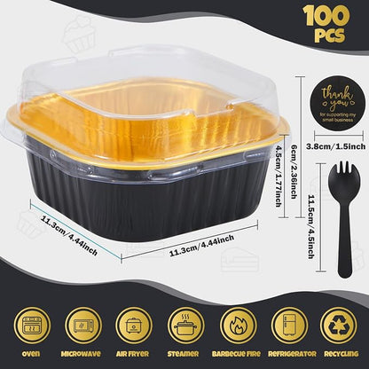 100 Pack 10oz Mini Cake Pans With Lids, Aluminum Foil Square Brownie Baking Cups,Disposable 4”x4” Large Cupcake Pan,Jumbo Muffin Tin Ramekins Holders-Black in Gold
