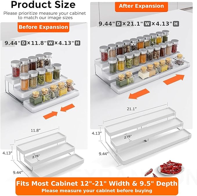 2 Pack Expandable Spice Rack Organizer for Cabinet - 3 Tier Adjustable Cabinet Spice Organizer Easy Visibility - Spice Organizer for Cabinet Countertop Cupboard Pantry Organization (White)