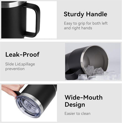 20oz Tumbler with Lid, Stainless Steel Tumbler with Handle, Metal Insulated Travel Coffee Mug with Handle, Double Wall Vacuum Spill Proof Tumbler Cup, Black 1 Pack