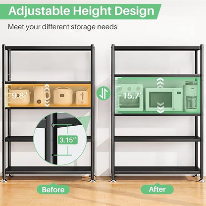 PXRACK Metal Shelving for Storage, 5 Tier Adjustable Kitchen Storage Shelves with Wheels, Shelving Unit Bookshelf Utility Shelf Metal Storage Rack for Garage Pantry Closet Laundry, 35.8"x13"x59.65"