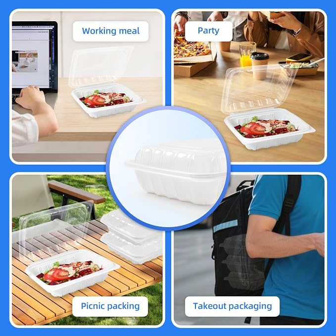 YANGRUI 25-Pack 34 oz 8" Hinged Takeout Box, Shrink-Wrapped No Pre-Wash | Anti-Fog Crystal Lid, Leakproof BPA-Free Square Container, Microwave Safe for Ramen, Salads, Asian & American To-Go Meals