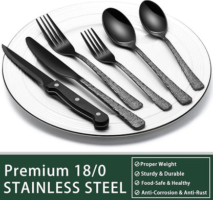 EWFEN 24-Piece Black Silverware Set with Steak Knives, Black Flatware Set for 4, Food-Grade Stainless Steel Tableware Cutlery Set, Mirror Finished Utensil Sets for Home Restaurant, Tree Pattern